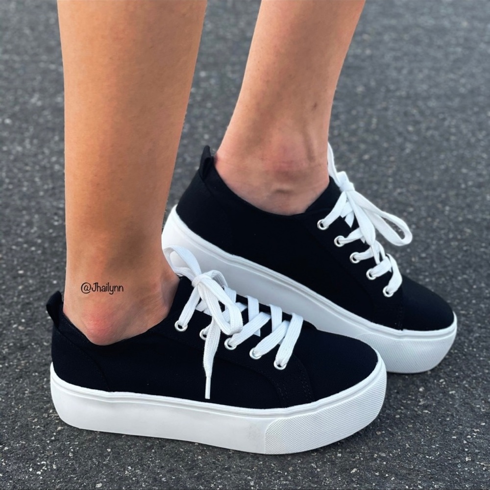 Black lace up canvas platform sneaker